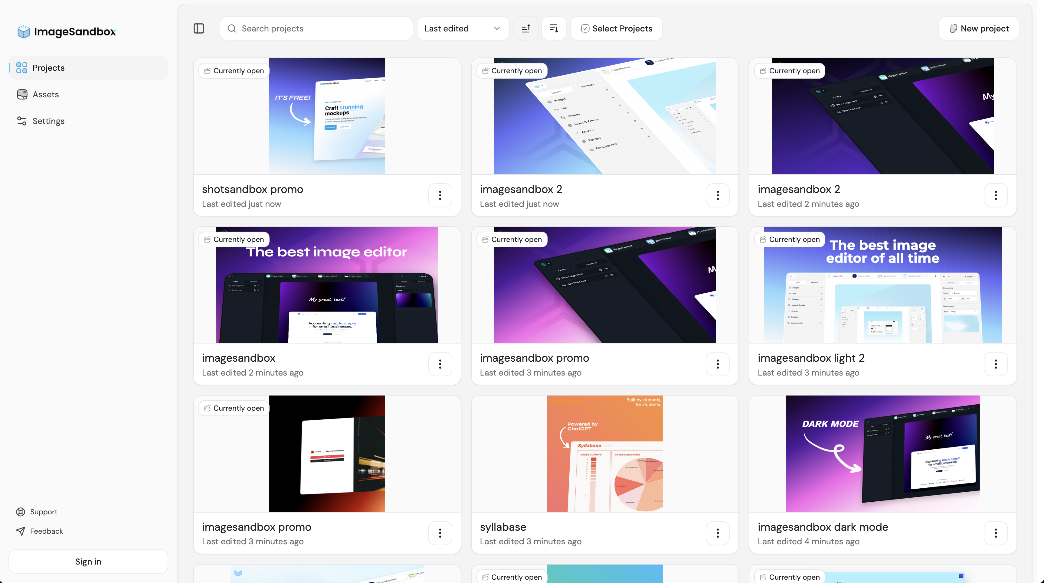 image sandbox projects page