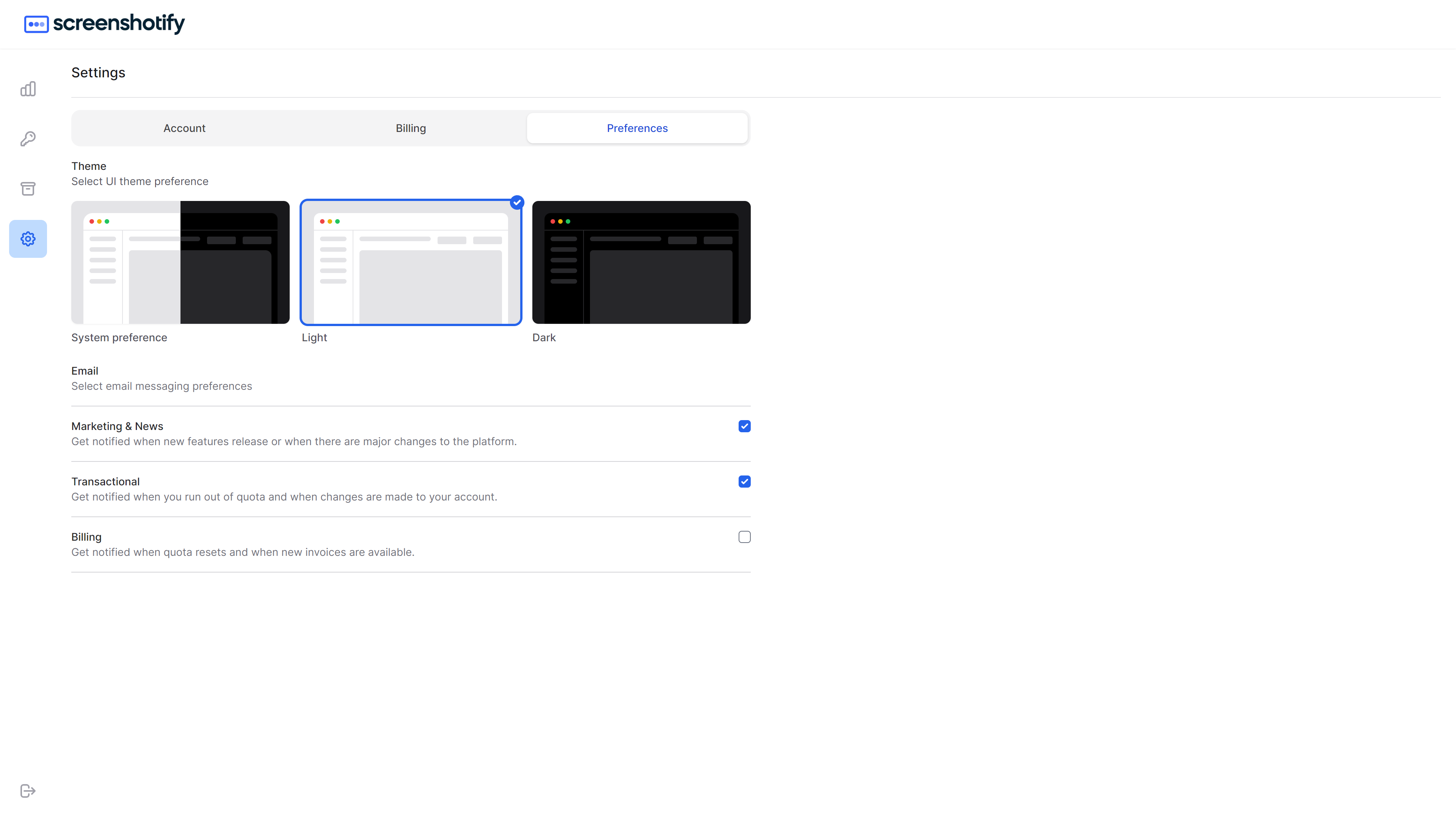 Screenshotify dashboard settings page